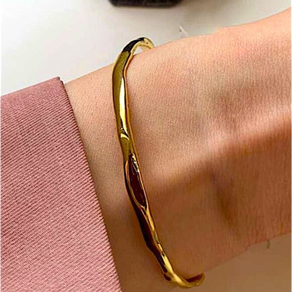 Gold Irregular Bangle Bracelet, Geometric, Cuff, Minimalist - Picture 3 of 8